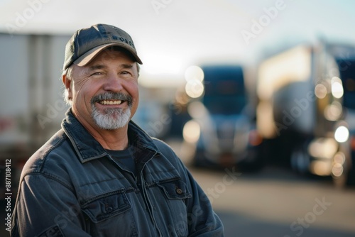 Smiling Middle-Aged Caucasian Truck Driver Portrait - Transportation Industry Concept photo