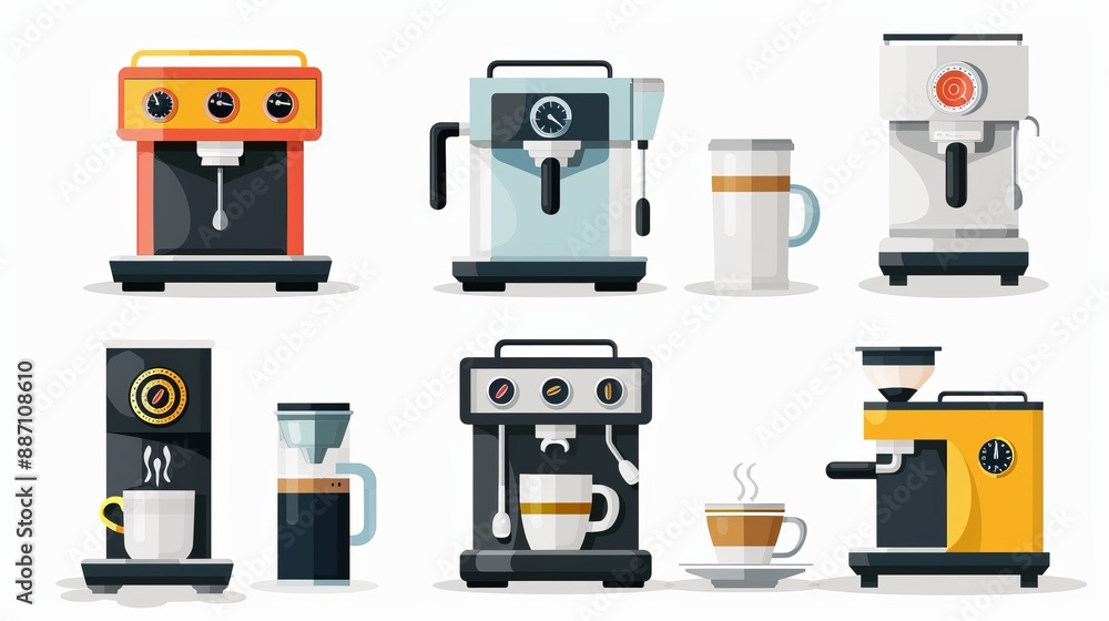 This image showcases six different styles of coffee machines and coffee mugs, each varying in design, color, and layout, reflecting modern kitchen appliances. This image showcases six different styles of coffee machines and coffee mugs, each varying in design, color, and layout, reflecting modern kitchen appliances.