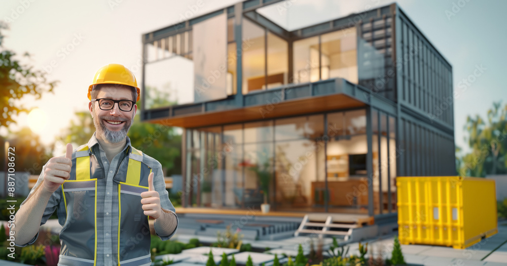 an engineer give a thumbs-up gesture in front of a building container house,generative ai an engineer give a thumbs-up gesture in front of a building container house,generative ai