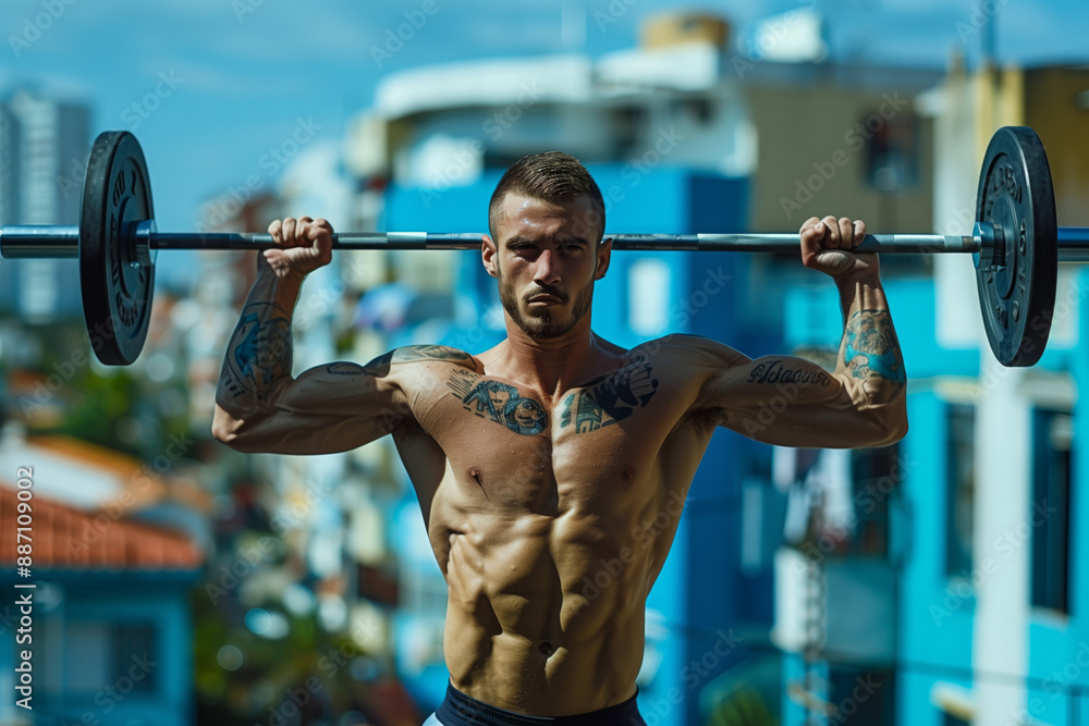 Muscular Man Lifting Weights at a Rooftop Gym in the Evening Muscular Man Lifting Weights at a Rooftop Gym in the Evening