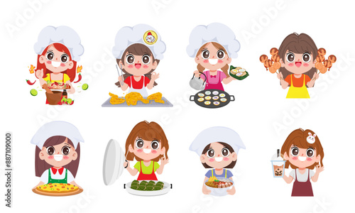 Set of cartoon cute Thai chef with street food logo for sticker label design. illustration vector premium.
