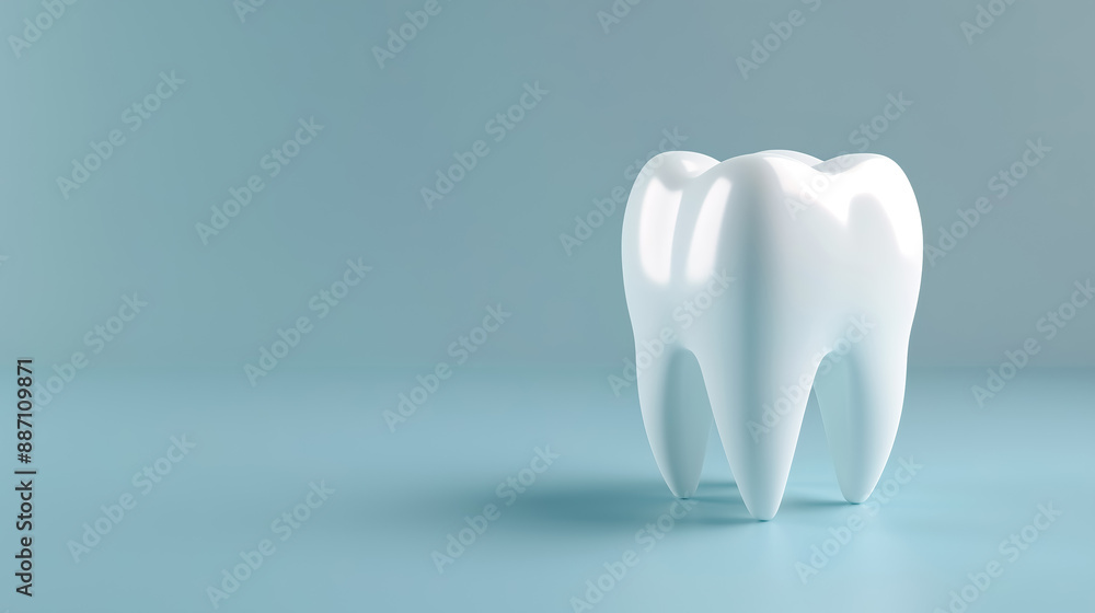 A beautiful white molar tooth positioned to the right on a light blue background A beautiful white molar tooth positioned to the right on a light blue background