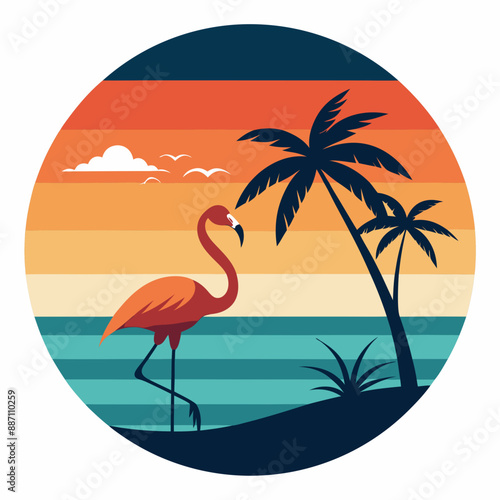 Tropical Flamingo and Palm Tree Circle T-shirt Design: Summer Vibes © Mosharef 