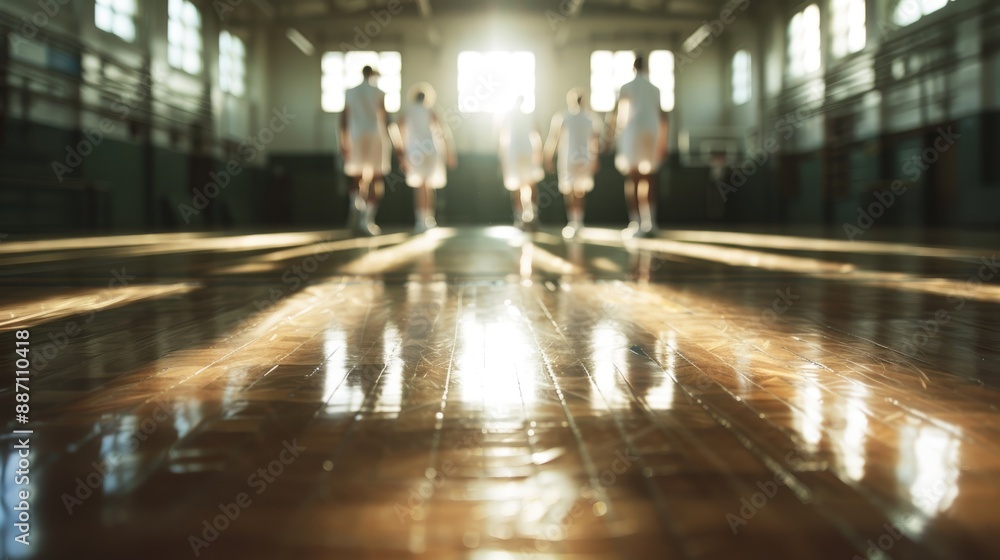 A spacious, sunlit gymnasium with a shiny wooden floor, where players are seen in the background, creating an energetic and dynamic atmosphere ideal for sports activities. A spacious, sunlit gymnasium with a shiny wooden floor, where players are seen in the background, creating an energetic and dynamic atmosphere ideal for sports activities.