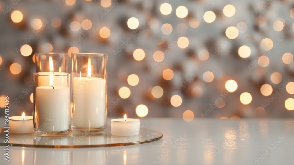 Warm glows of candles creating a cozy ambiance with soft bokeh lights in the background, perfect for relaxation or celebration themes. Warm glows of candles creating a cozy ambiance with soft bokeh lights in the background, perfect for relaxation or celebration themes.
