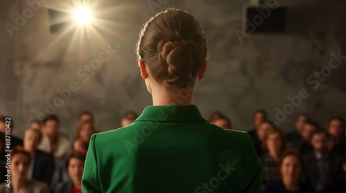 A back view of a woman in green who wants to ask a question at a seminar, highlighting curiosity and engagement