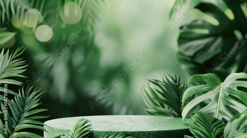 Green tropical leaves and foliage with a round pedestal. Perfect for product display in a natural jungle setting.