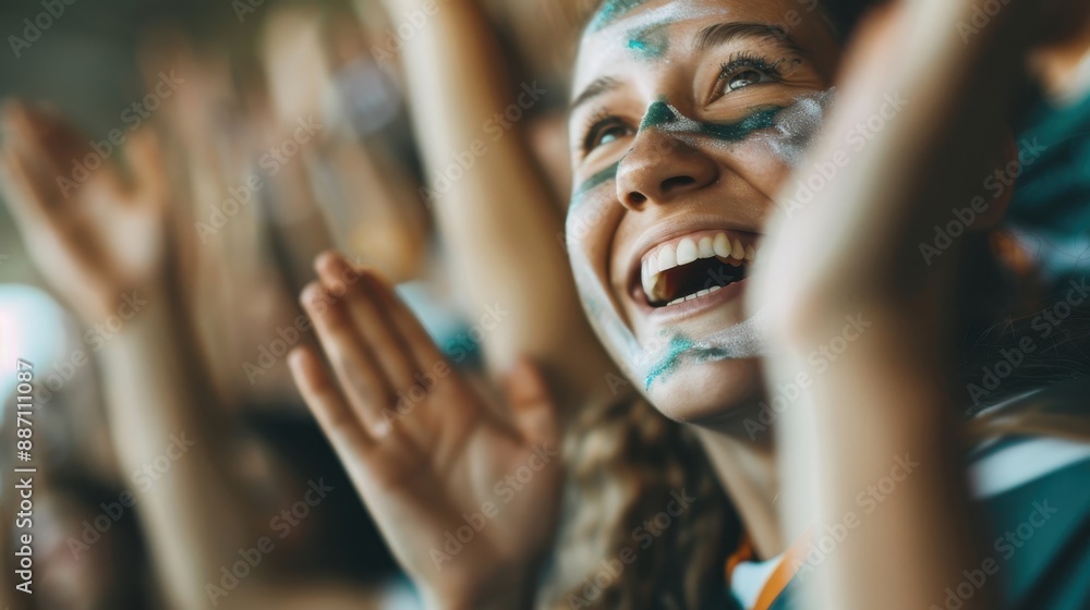 A large group of people with raised hands enthusiastically cheering during a sports event, capturing the energy and excitement of a lively crowd in a stadium. A large group of people with raised hands enthusiastically cheering during a sports event, capturing the energy and excitement of a lively crowd in a stadium.