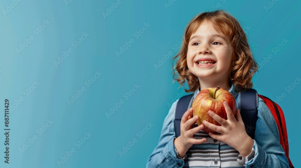 Cute child with backpack holding an apple against blue background. Joyful kid with big smile. Vibrant colors and cheerful mood. Perfect for back-to-school campaigns and educational materials. AI Cute child with backpack holding an apple against blue background. Joyful kid with big smile. Vibrant colors and cheerful mood. Perfect for back-to-school campaigns and educational materials. AI