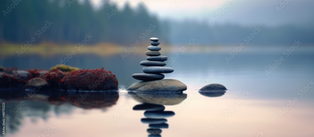 Obraz premium Zen Stone Stack by a Misty Lake