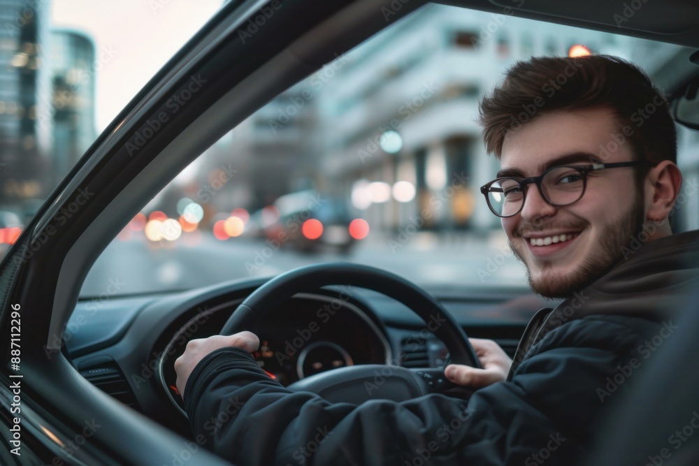 Obraz premium Smiling Young Man Driving Car - City Street Transportation Lifestyle