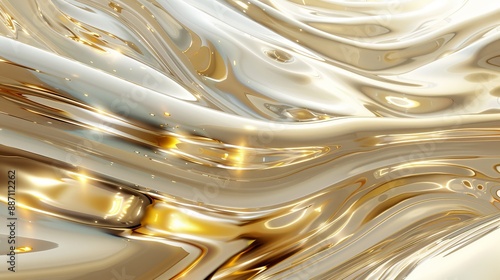 Abstract glossy surface with flowing gold and white liquid texture, metallic design background, luxurious fluid pattern, contemporary art concept
