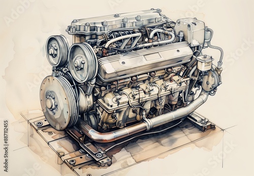 A detailed illustration of a big engine placed on a tabletop