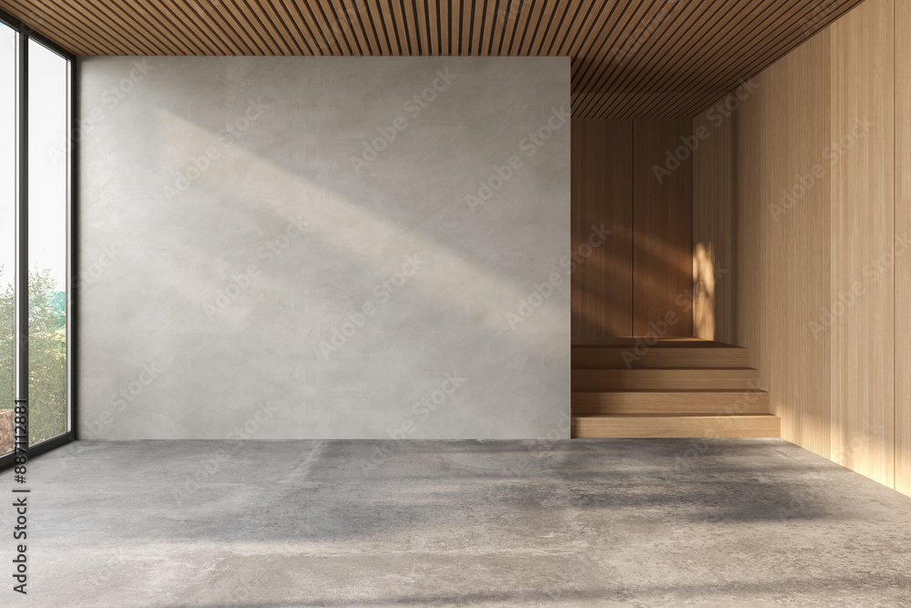 Modern contemporary loft empty room with nature view. There are wooden stair plank wall and ceiling and blank concrete wall for copy space Modern contemporary loft empty room with nature view. There are wooden stair plank wall and ceiling and blank concrete wall for copy space