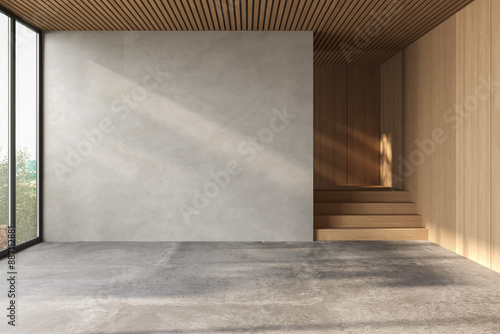 Modern contemporary loft empty room with nature view. There are wooden stair plank wall and ceiling and blank concrete wall for copy space