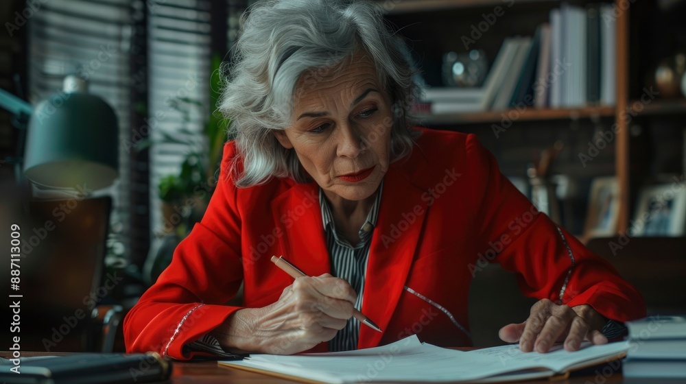 A concentrated aged businesswoman in a red blazer checking an agreement before signing A concentrated aged businesswoman in a red blazer checking an agreement before signing