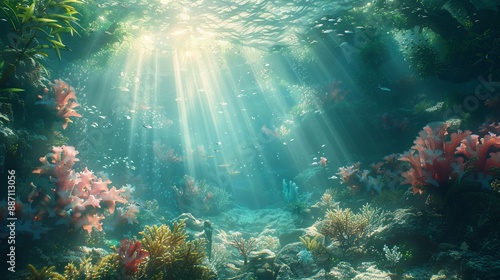 Wallpaper Mural A lush, sun-dappled coral reef showcasing a variety of corals and an abundance of marine life, with sunlight streaming through the water illuminating the underwater scene. Torontodigital.ca