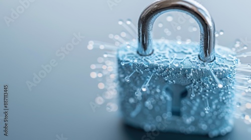 A durable padlock encrusted with icicles and frost, depicting a strong sense of protection, chill, and immovability as it stands against elements and unwanted access attempts.