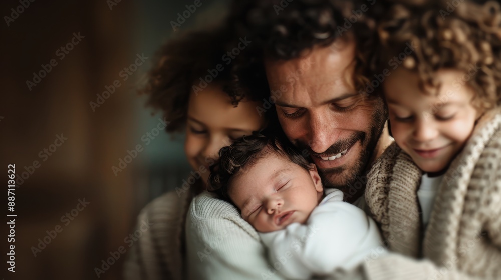 A father with curly hair joyfully cuddles his two children while holding a sleeping baby wrapped in a blanket, symbolizing family love and warmth. A father with curly hair joyfully cuddles his two children while holding a sleeping baby wrapped in a blanket, symbolizing family love and warmth.