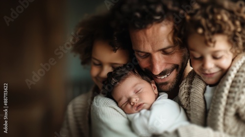 A father with curly hair joyfully cuddles his two children while holding a sleeping baby wrapped in a blanket, symbolizing family love and warmth.