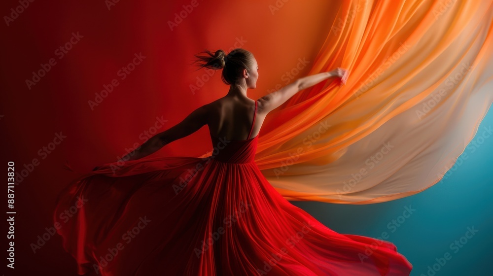 custom made wallpaper toronto digitalAn elegant dancer in a vibrant red dress moves gracefully, with swirling fabric creating a stunning visual effect against a multi-colored background, embodying art and motion.