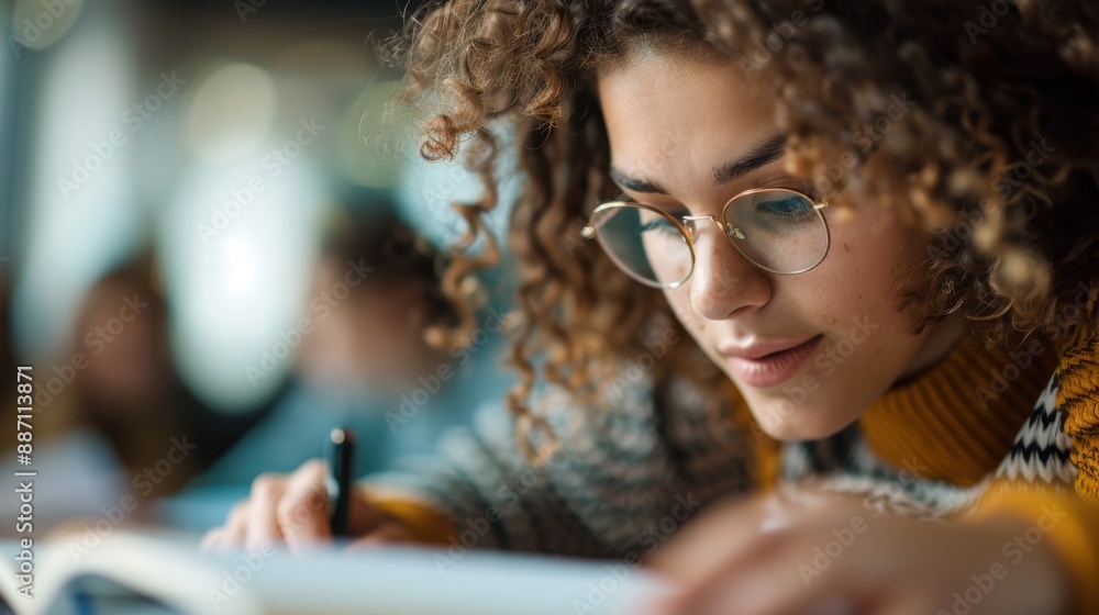 A diligent student with curly hair and glasses concentrates intensely on writing notes while seated at a desk in a busy classroom, surrounded by fellow students. A diligent student with curly hair and glasses concentrates intensely on writing notes while seated at a desk in a busy classroom, surrounded by fellow students.
