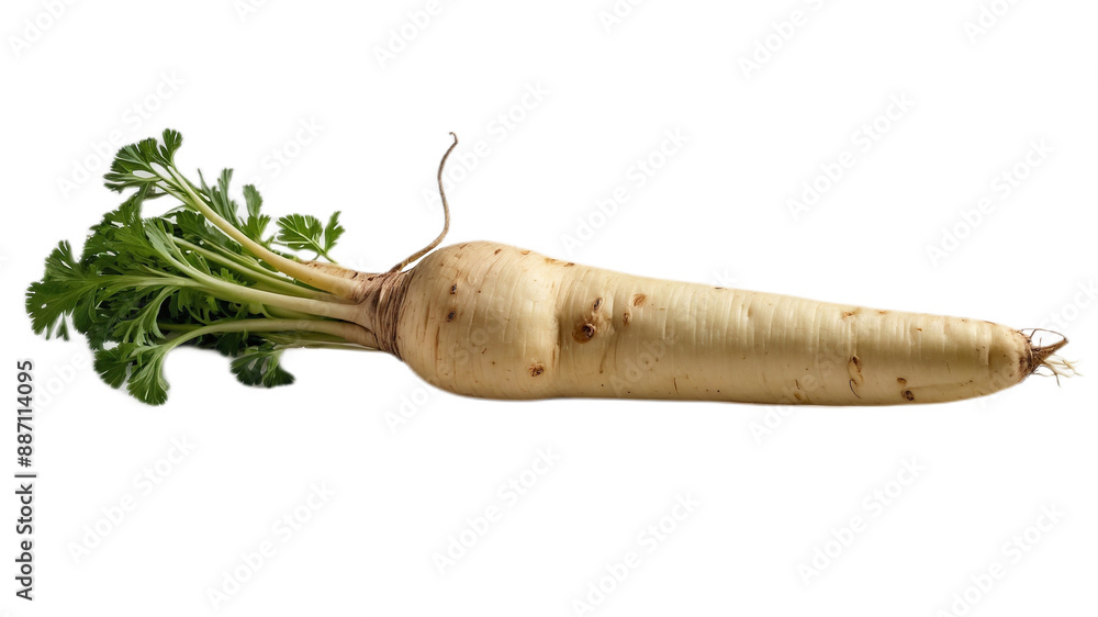 Fresh whole parsnip with green leafy top on white background Fresh whole parsnip with green leafy top on white background
