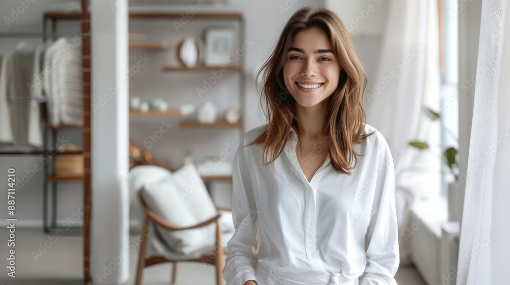 A happy female designer in a crisp white outfit stands confidently in her office, reflecting creativity and satisfaction A happy female designer in a crisp white outfit stands confidently in her office, reflecting creativity and satisfaction