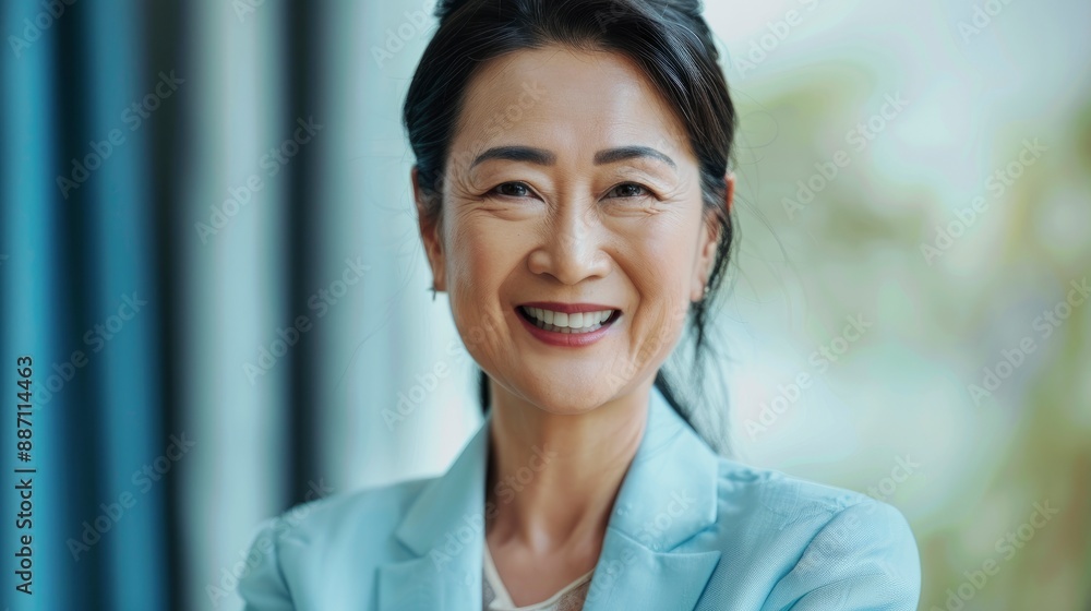 A happy mature Asian businesswoman in a light blue outfit radiates confidence and satisfaction A happy mature Asian businesswoman in a light blue outfit radiates confidence and satisfaction