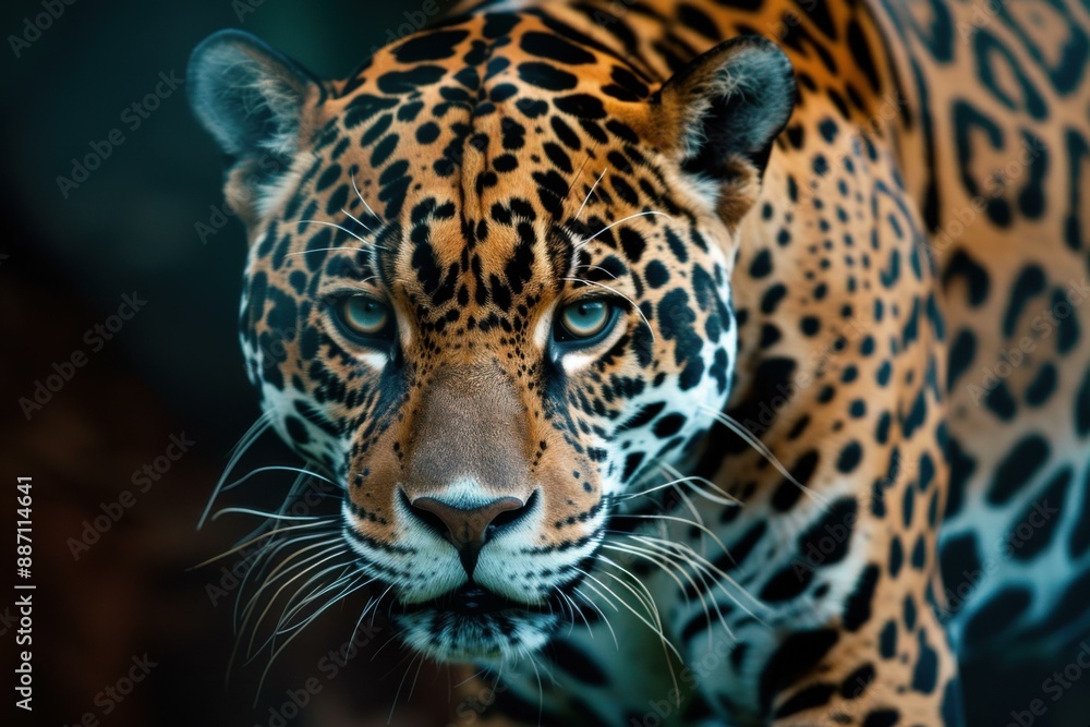 Obraz premium Closeup Portrait of a Jaguar with Green Eyes - Wild Animal Photography for Branding and Design