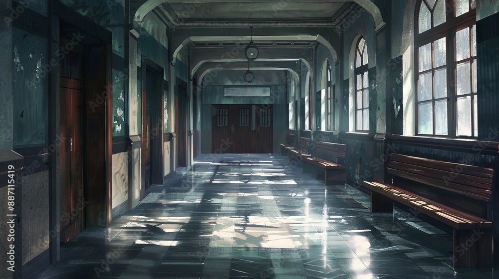 Fototapeta premium An artistic depiction of a sunlit hallway in an abandoned, vintage building, showcasing the beauty and tranquility of the light interacting with the aged architecture.