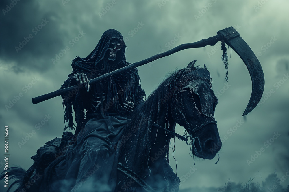 Naklejka premium Death, Horseman of the Apocalypse on a skeletal black horse with scythe in hand