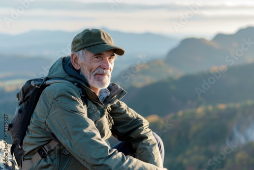 Wallpaper Mural Senior Man Hiking Mountain Peak View - Adventure, Travel, Nature, Retirement, Elderly Torontodigital.ca
