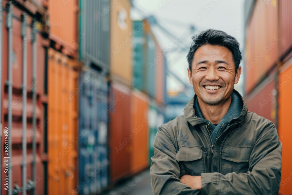 Smiling Asian Man Worker in Front of Shipping Containers - Logistics, Business, Industry Smiling Asian Man Worker in Front of Shipping Containers - Logistics, Business, Industry