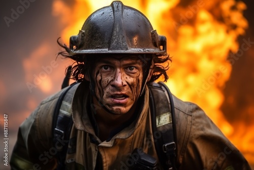 Courageous male firefighter portrait fighting intense forest fire amidst blazing flames