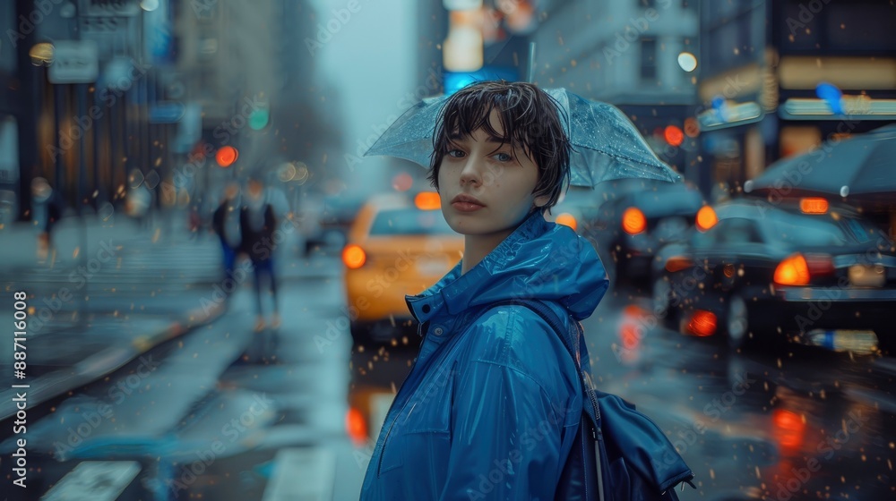 A millennial woman in a calming blue outfit with short hair crosses the street on a rainy day, showcasing resilience and determination A millennial woman in a calming blue outfit with short hair crosses the street on a rainy day, showcasing resilience and determination