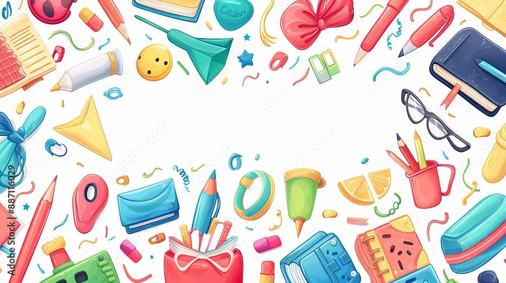 This vibrant illustration features a playful arrangement of office and school supplies, including notebooks, pencils, and accessories, conveying productivity and creativity. This vibrant illustration features a playful arrangement of office and school supplies, including notebooks, pencils, and accessories, conveying productivity and creativity.