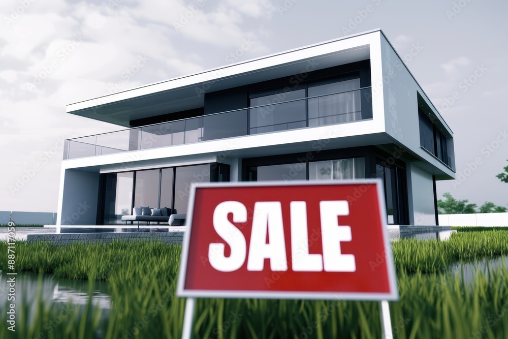 Contemporary house for sale with lush green lawn, isolated on white background Contemporary house for sale with lush green lawn, isolated on white background