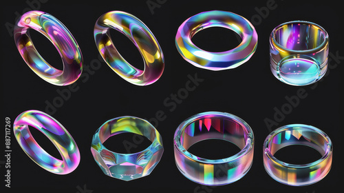 "3D render of a glass or crystal ring viewed from different angles. Abstract geometric shape with a holographic gradient texture, showcasing an isolated glossy iridescent object, perfect for graphic i