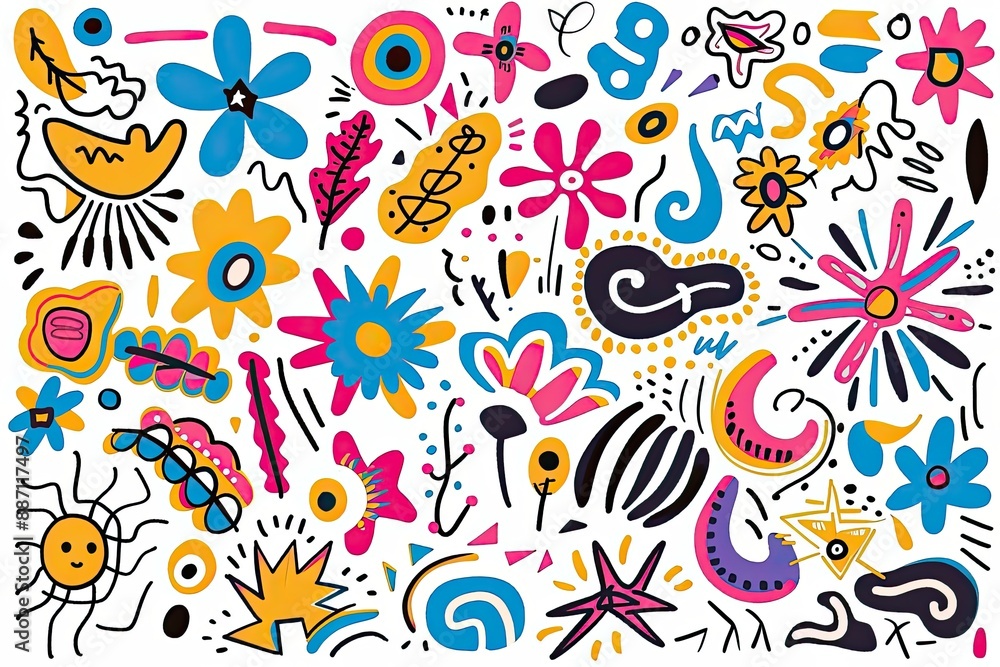 Assortment of vibrant hand-drawn doodles with playful flowers and shapes against a white backdrop Assortment of vibrant hand-drawn doodles with playful flowers and shapes against a white backdrop