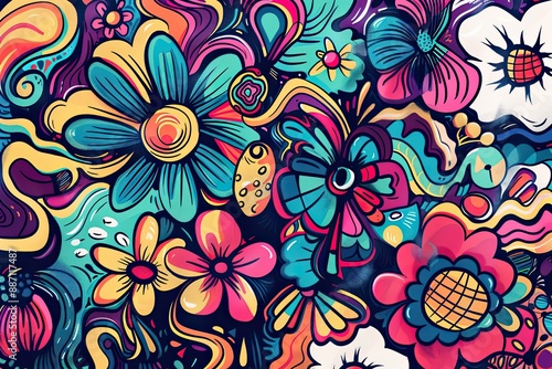 Vibrant hand-drawn abstract doodles with colorful flowers, swirls, and shapes