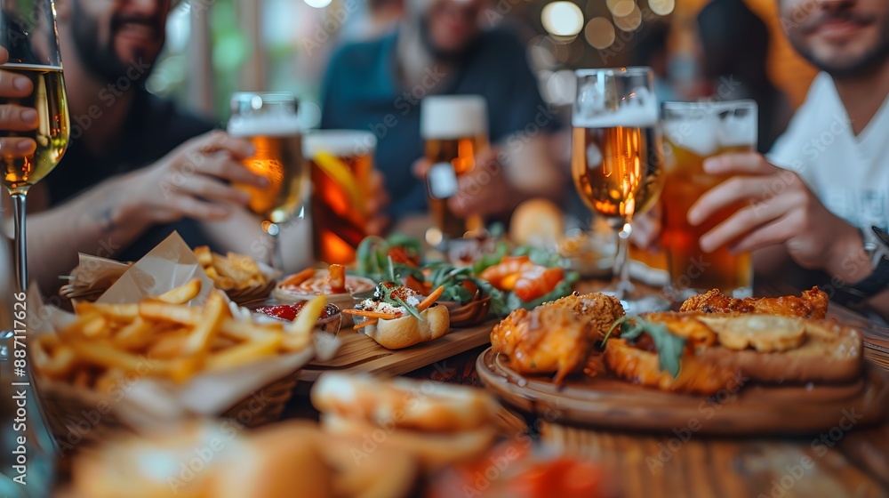 Group of people drinking alcohol and eating appetizers sitting at cocktail bar - Friends enjoying happy hour at brewery pub restaurant - Food and beverage life style concept