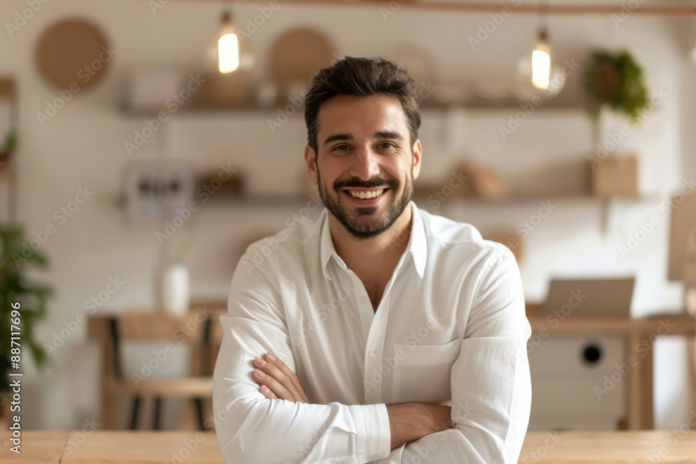 Smiling Caucasian Young Man in White Shirt with Arms Crossed - Professional Portrait for Business Websites Smiling Caucasian Young Man in White Shirt with Arms Crossed - Professional Portrait for Business Websites