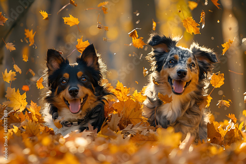 Dogs playing in a pile of leaves photo