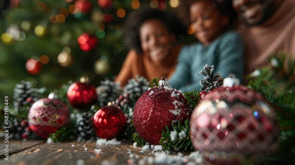A cheerful family celebrating Christmas sitting near a beautifully decorated Christmas tree with red and gold ornaments, garlands, and pinecones, conveying festive joy. A cheerful family celebrating Christmas sitting near a beautifully decorated Christmas tree with red and gold ornaments, garlands, and pinecones, conveying festive joy.