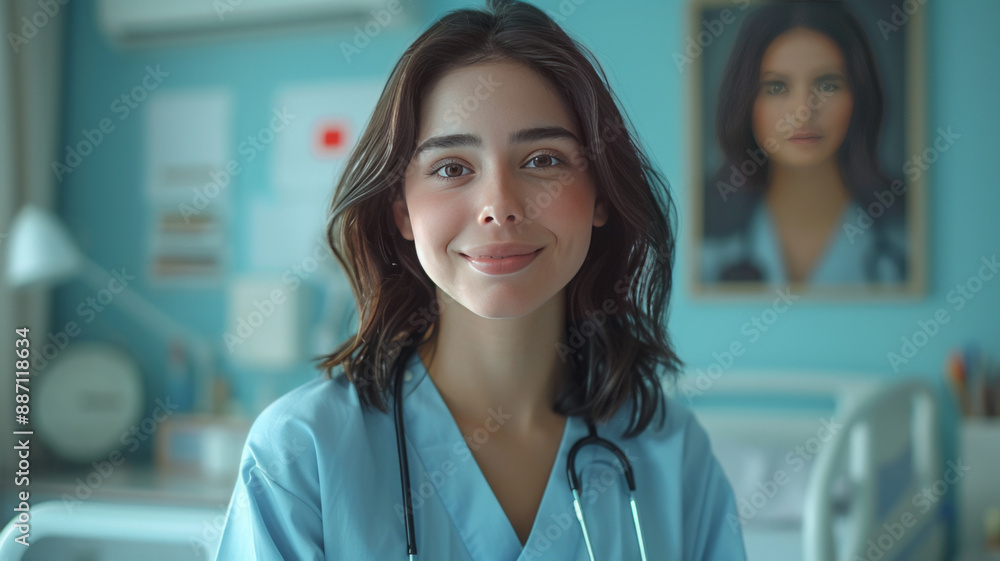 A woman doctor in her 30s sitting on a desk in a hospital room in a doctor's gown, a stethoscope.generative ai A woman doctor in her 30s sitting on a desk in a hospital room in a doctor's gown, a stethoscope.generative ai