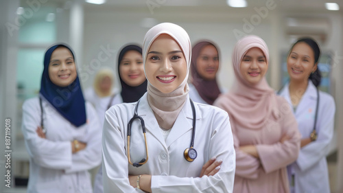 a hijab wearing beautiful young malay girl doctor and staff posing in group corporate picture, affiliative smile.generative ai