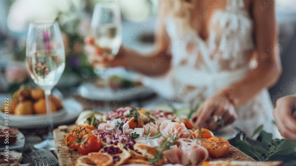 A woman in an elegant white dress enjoys a beautifully arranged platter of gourmet food and a glass of white wine at an upscale event, exuding sophistication and luxury. A woman in an elegant white dress enjoys a beautifully arranged platter of gourmet food and a glass of white wine at an upscale event, exuding sophistication and luxury.