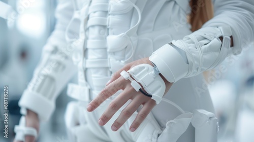 A detailed close-up image showcasing a futuristic white exoskeleton arm structure, highlighting its intricate design and advanced technological features. photo