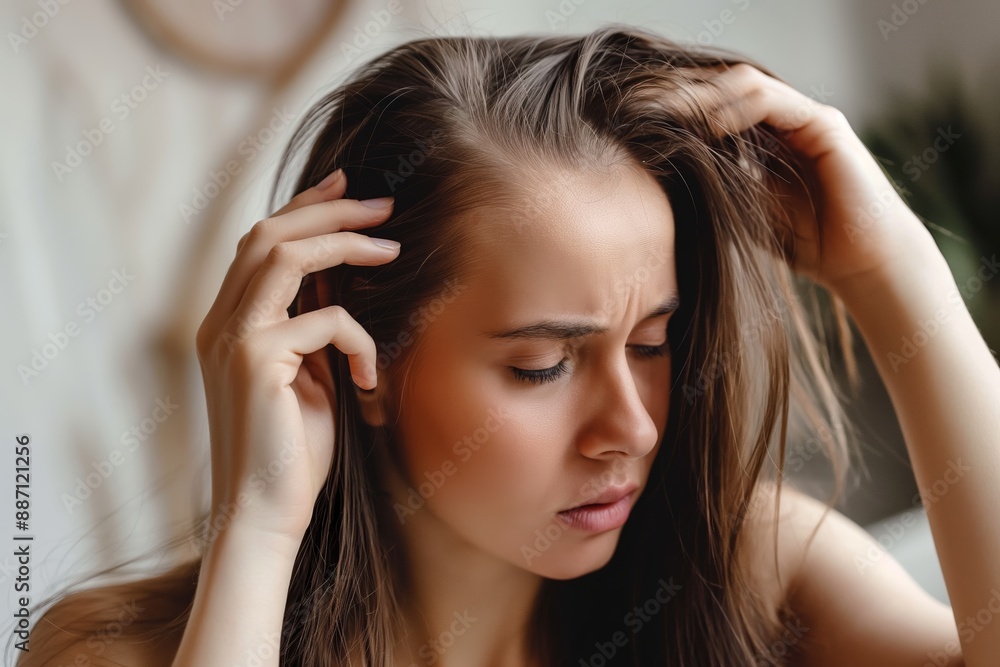 Woman with eyes closed, hand in hair, appears to be in deep contemplation about hair loss and thinning Woman with eyes closed, hand in hair, appears to be in deep contemplation about hair loss and thinning